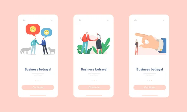 Business Betrayal Mobile App Page Onboard Screen Template. Charaktere mit Messern schütteln Hände, Schafe und Wolf Freundschaft — Stockvektor