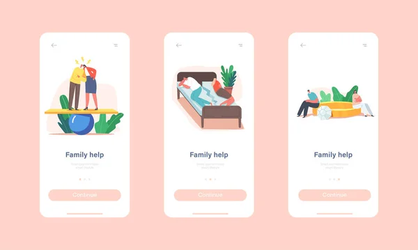 Familie Help Mobiele App Page Onboard Screen Template. Echtpaar in moeilijkheden, ruzie, echtgenoot en vrouw schandaal — Stockvector