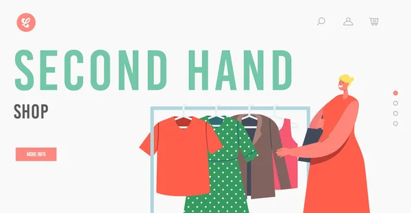 Second Hand Shop İniş Sayfası Şablonu. Dışarıdaki Garaj Satışı sırasında Kadın Karakteri Satın Almak İçin Giysi Seçin — Stok Vektör