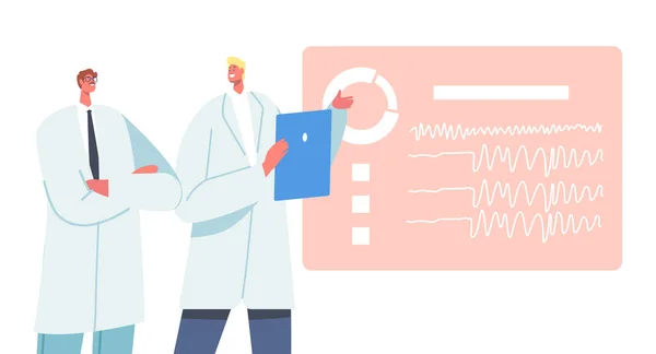 I personaggi medici maschili imparano l'elettroencefalografia cerebrale in mostra. Scienza della conoscenza anatomica delle malattie cerebrali — Vettoriale Stock