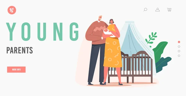 Plantilla de landing page para padres jóvenes. Pareja que sostiene al bebé recién nacido en las manos, padre y madre cuidado del niño, maternidad — Archivo Imágenes Vectoriales