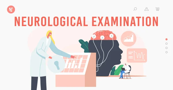 Plantilla de landing page de examen neurológico. Neurología. Hombre Doctor carácter en enorme cabeza humana con cerebro — Vector de stock