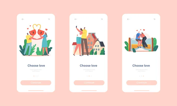 Escolha o modelo de tela a bordo do Love Mobile App Page. Personagens amorosos com bloqueio cardíaco, Sente-se em Enorme Ampulheta, Namoro — Vetor de Stock