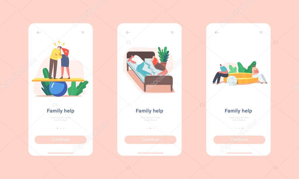 Family Help Mobile App Page Onboard Screen Template. Spouse Couple in Troubles, Quarrel, Husband and Wife Scandal
