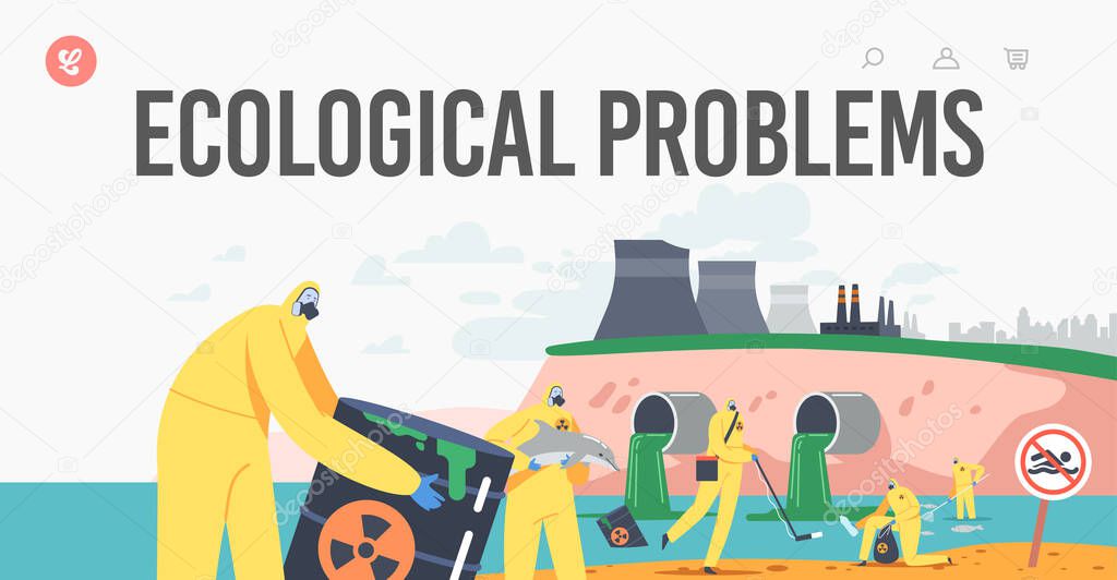 Ecological Problem Landing Page Template. Ocean Oil Pollution, Characters in Protective Suits and Masks Cleaning Beach
