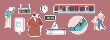 Metro İstasyonu, Tren, Yürüyen Merdiven, Harita, Saat ve Dijital Görüntü 'de Çıkartma İnsanları. Metro Platformunda Karakterler