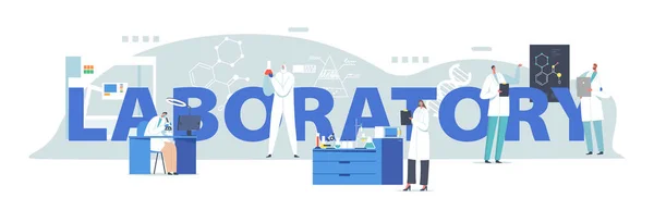 Scientific Laboratory Research Concept. Científicos Personajes Trabajando en Laboratorio con ADN, Mirar a través del Microscopio, Medicina — Vector de stock