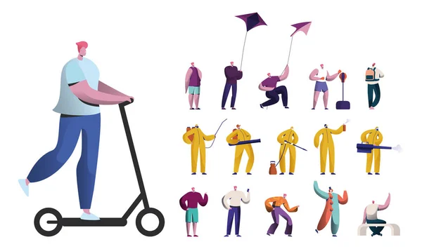 Conjunto de personagens masculinos montando Scooter elétrico, Jogando com papagaio, Treino com saco de perfuração. Homens em ternos Hazmat — Vetor de Stock