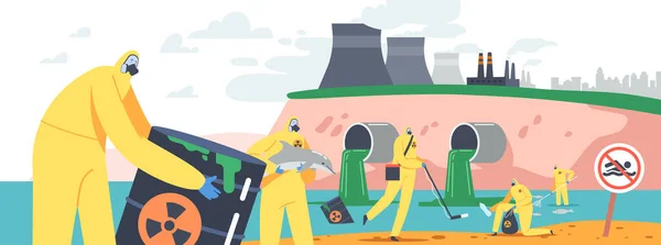 Ρύπανση από πετρέλαιο, οικολογική καταστροφή. Χαρακτήρες σε προστατευτικά κοστούμια και μάσκες Clean Polluted Sea Beach — Διανυσματικό Αρχείο