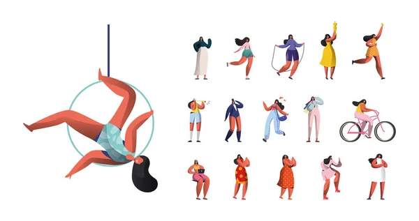 Набор женских персонажей Воздушный цирк гимнастка, Спортсменка тренировки на канат, Hold Award Trophy, езда на велосипеде, работа — стоковый вектор