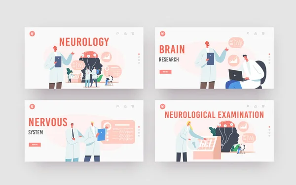 Neurologie Landing Page Template Set. Doctor Neuroloog, neurowetenschapper, Artsen Studie Brain Connected to Display — Stockvector