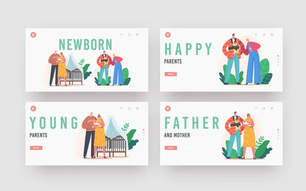 Newborn Landing Page Template Set. Young Family with Baby. Mother and Father Characters Care of Children, Parenting — Stock Vector