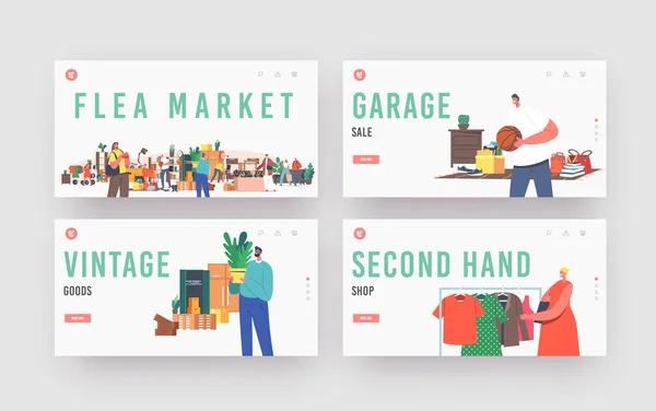 Vlooienmarkt Landing Page Template Set. Karakters Winkelen Antieke Dingen. Garageverkoop, Outdoor Retro Bazaar — Stockvector