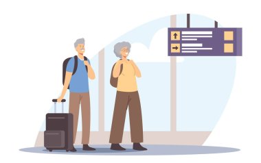 Trip 'teki Kıdemli Turist Karakterleri, Yaşlılar Bavul Bekleme Gidişini Havalimanında Bekliyor. Yaş Çifti Yolculuğu