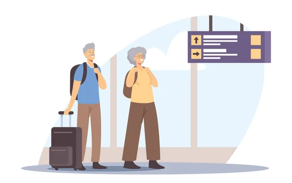 Ältere Touristencharaktere auf Reisen, ältere Reisende mit Gepäck warten am Flughafen auf ihren Abflug. Die Reise eines alternden Paares — Stockvektor