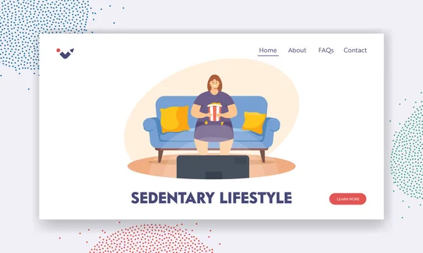 Estilo de vida sedentário Modelo de página de desembarque. Insalubre Comer, Mau Hábito Conceito. Fat Lazy Woman Sente-se no sofá em casa —  Vetores de Stock