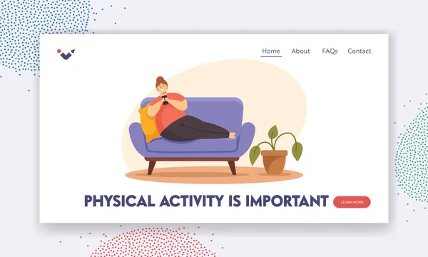Estilo de vida sedentario, adicción a los gadgets, plantilla de landing page de obesidad. Mujer con sobrepeso acostada en un sofá con Smartphone — Archivo Imágenes Vectoriales