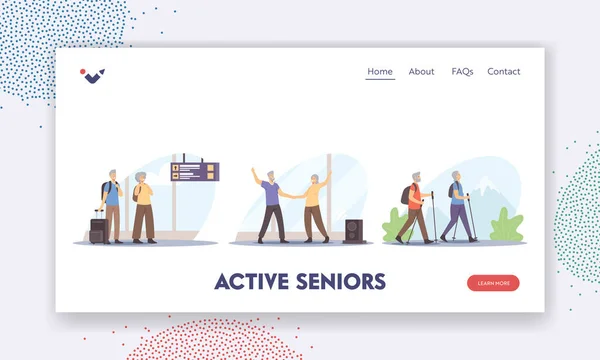 Πρότυπο Active Seniors Landing Page. Οι ηλικιωμένοι ταξιδεύουν, χορεύουν ή περπατούν με σκανδιναβικά ραβδιά. Ταξίδι ηλικίας ζευγαριού — Διανυσματικό Αρχείο