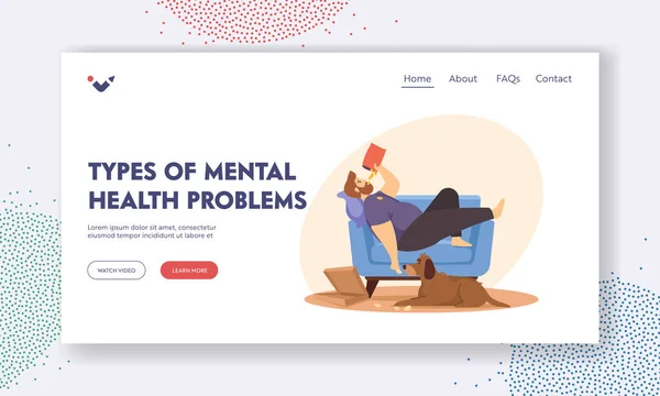 Tipos de problemas de salud mental Plantilla de landing page. Inactividad física, estilo de vida pasivo, mal hábito. Vida sedentaria — Vector de stock