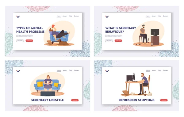 Estilo de vida sedentário Landing Page Template Set. Pessoas preguiçosas sentadas no sofá comendo fast food, assistir TV. Caracteres gordos — Vetor de Stock