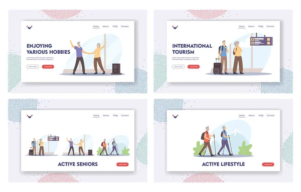 Conjunto de modelos de landing page para idosos ativos. Pessoas idosas Viajar, dançar e caminhar com escandinavos Atividade varas — Vetor de Stock