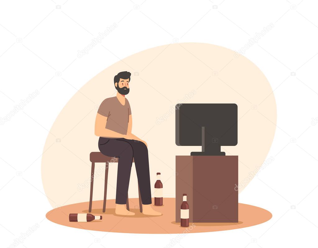 Laziness, Degradation, Unhealthy Lifestyle, Bad Habit Concept. Lazy Man Sit on Chair at Home with Empty Beer Bottles