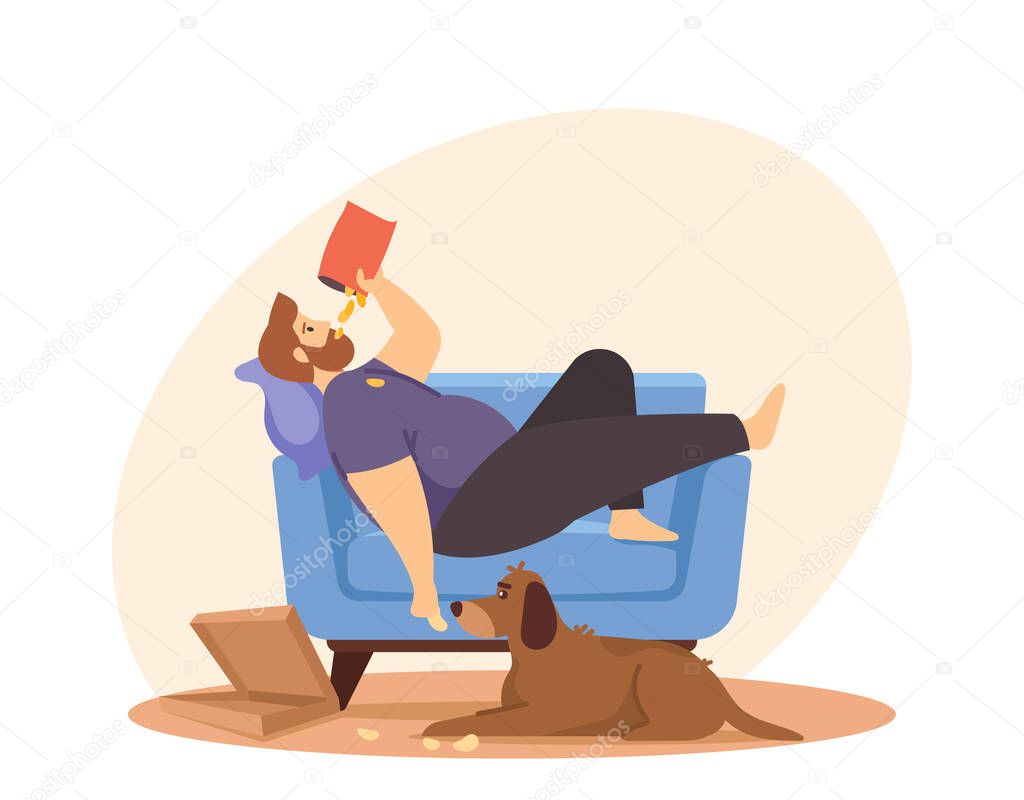 Physical Inactivity, Passive Lifestyle, Bad Habit. Sedentary Life Concept. Overweight Man Lying on Sofa Eating Chips