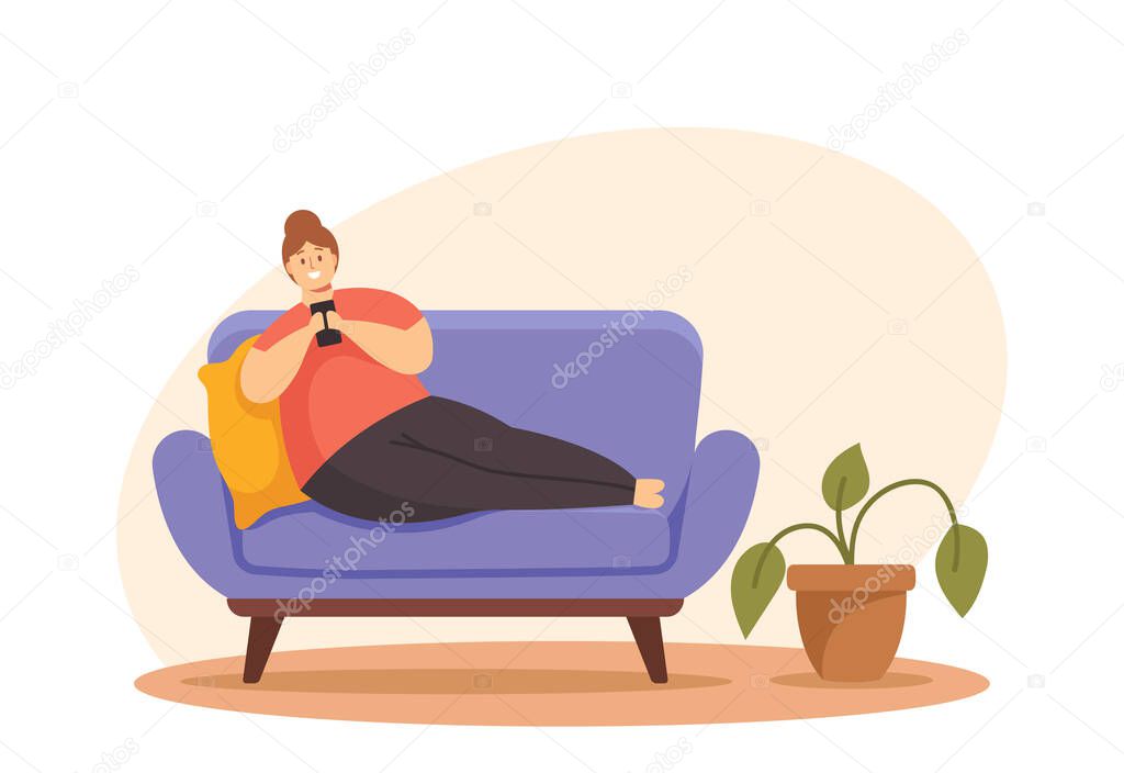 Overweight Female Character Lying on Sofa with Smartphone Chatting in Social Media or Playing Games. Sedentary Lifestyle