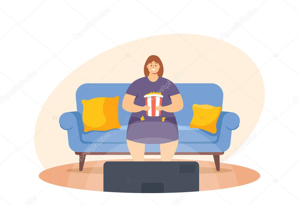 Unhealthy Eating, Bad Habit Concept. Fat Lazy Woman Sit on Couch at Home with Fast Food Watching Tv. Fastfood Addiction