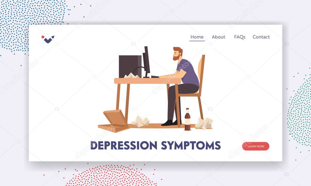 Depression Symtoms Landing Page Template. Overweight Male Character Sitting at Desk Working on Computer