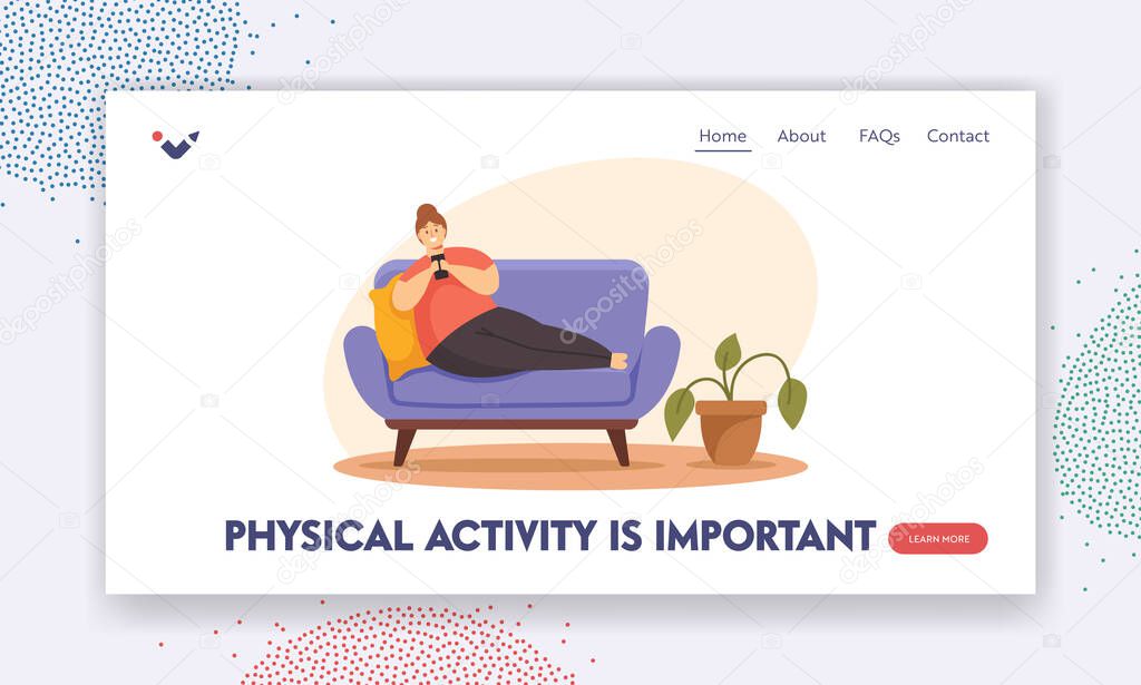 Sedentary Lifestyle, Gadget Addiction, Obesity Landing Page Template. Overweight Female Lying on Sofa with Smartphone