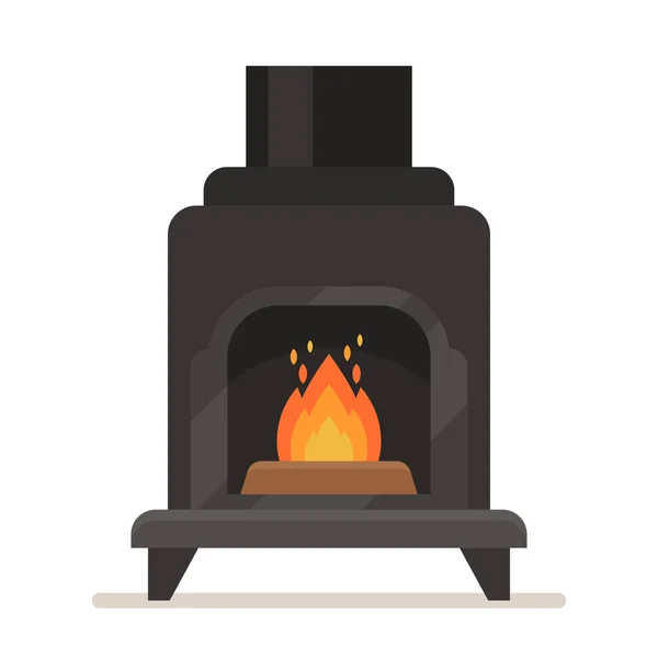 Metal Fireplace With Burning Fire. Iron Black Stove with Chimney Isolated on White Background, Indoors Modern System — Stock Vector