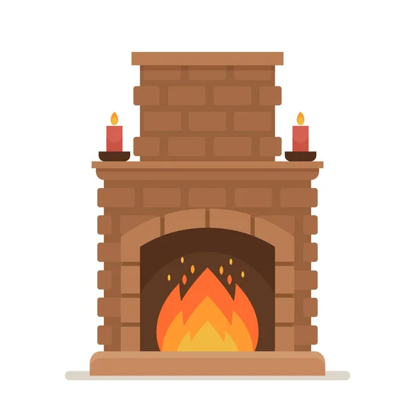 Burning Brick Fireplace with Fire. Classic Indoor Chimney in Traditional Style with Candles. Vintage Home Heating System — Stock Vector