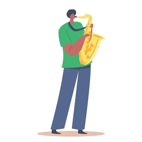 Joueur de saxophone africain soufflant composition musicienne. Saxophone de personnage isolé sur fond blanc. Jazz Band — Image vectorielle