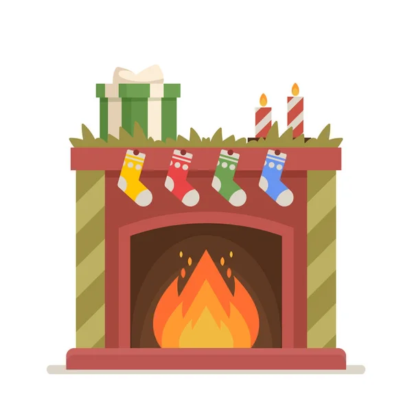Świąteczny kominek ze skarpetkami, świecami, gałązką świerku, pudełkiem prezentów i ogniem w środku. Uroczysty komin w pomieszczeniach — Wektor stockowy