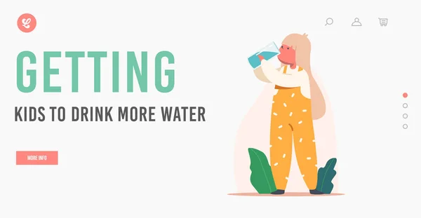 Baby Drinking Clean Water Landing Page Template (en inglés). Personaje de niño pequeño con vidrio en las manos disfrutando de una bebida acuática fresca — Vector de stock