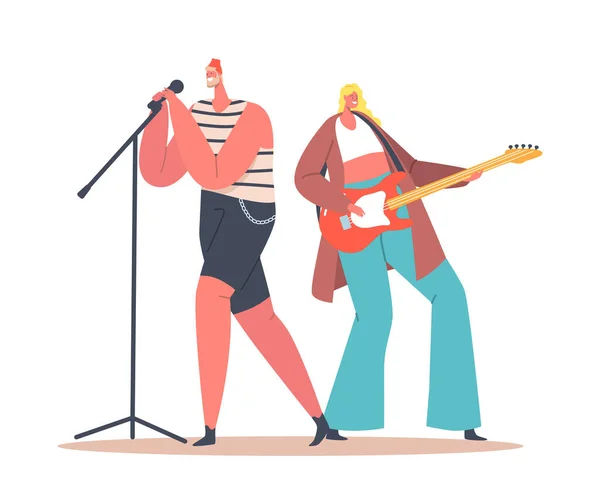 Woman Guitar Player és Man Singer mikrofonos énekléssel a Music Bandben a színpadon. Énekes és gitáros Szórakoztató — Stock Vector