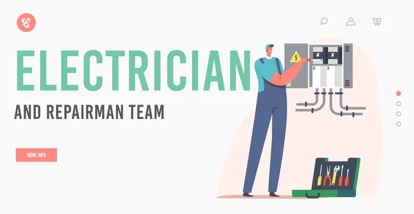 Electrician and Repairment Team Landing Page Template (dalam bahasa Inggris). Energi dan Keselamatan Listrik. Handyman Examine Rancangan Kerja - Stok Vektor