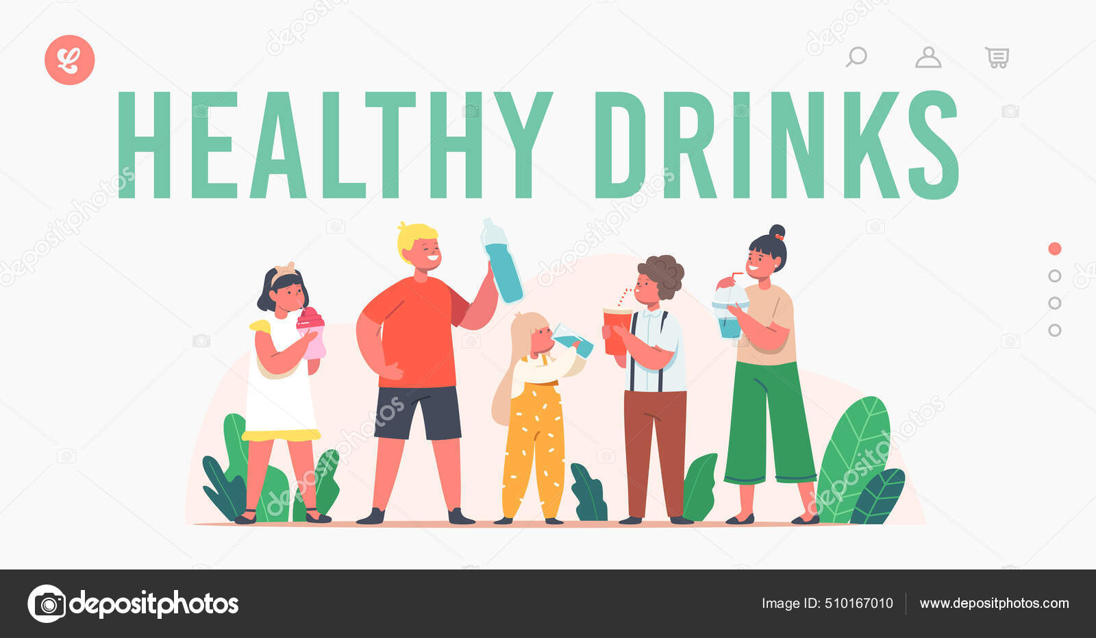 마실 수있는 물의 양이 정해져 있다. 깨끗 한 물을 마시는 아이들. 컵 과 병이 들어 있는 소년 소녀들 스톡 벡터 -  ©vectorlab 510167010, image size:1600x931