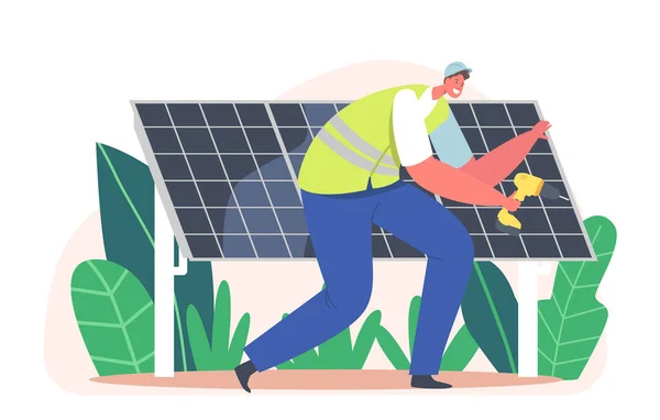 Trabalhador eletricista instalando painéis solares, conceito de energia limpa alternativa com personagem de engenheiro com instrumento —  Vetores de Stock