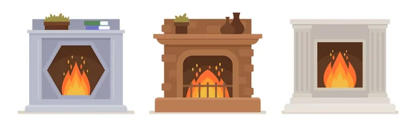 様々なデザインのバーニングヴィンテージ暖炉のセット。クラシックスタイルの屋内暖房システム。赤レンガ、大理石のストーブ — ストックベクタ