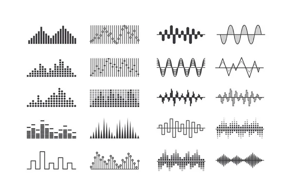 Uppsättning musikljudvågor, radiofrekvenser och vibrationsimpulser. Ljud Digital Equalizer-teknik — Stock vektor