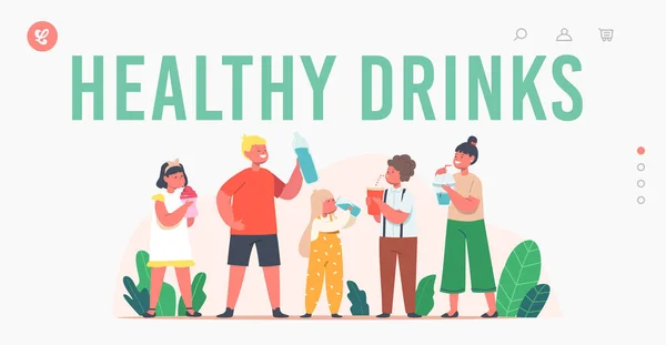 Πρότυπο σελίδας για υγιεινά ποτά. Τα παιδιά πίνουν καθαρό νερό. Χαρακτήρες Μικρών Αγοριών και Κοριτσιών με Κούπες και Μπουκάλια — Διανυσματικό Αρχείο