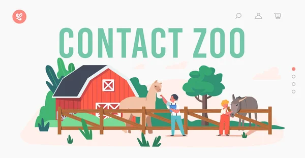 Contatta Zoo Park Landing Page Template. Bambini che nutrono lama carino e asino alla fattoria. Ragazzo e ragazza dà cibo agli animali — Vettoriale Stock