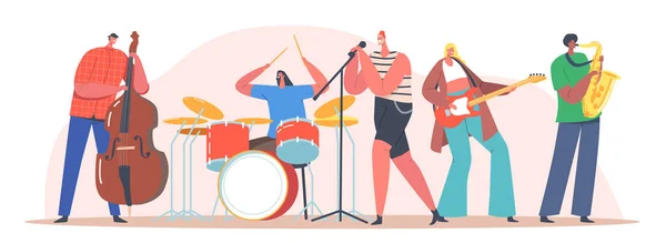 Music Band on Stage. Performing Rock Concert on Scene. Artists Characters with Musical Instruments Singing Rock Song — Stock Vector