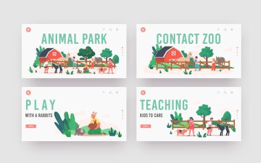 Küçük Çocuklar Hayvanat Bahçesi İniş Şablonu Şablonunu Ziyaret Eder. Hayvanları Besleyen Çocuklar, Karakterler Evcil Lama