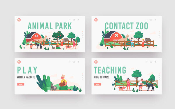 Little Kids Visit Contact Zoo Landing Page Template Set. Children Feeding Animals, Characters Petting Domestic Llama