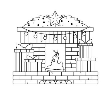 Xmas fireplace festive decoration design black-and-white sketch