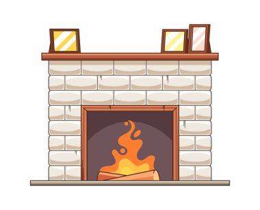 White brick fireplace burning log home interior
