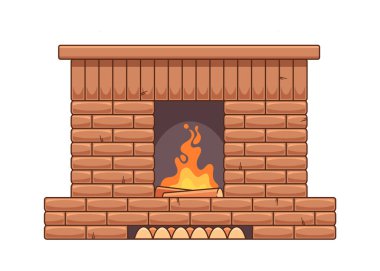 Brown brick home fireplace burning log cartoon